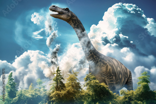 Fototapeta Naklejka Na Ścianę i Meble -  Diplodocus dinosaur on the ancient jungle. Dinosaur. Jurassic period. A huge monster. Global catastrophe. Death of the dinosaurs.