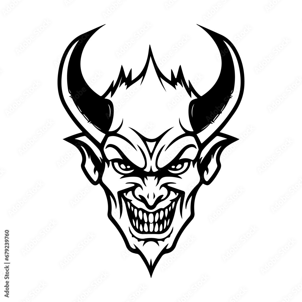 Silhouette demon face icon. Vector illustration design. tattoo and t-shirt design black and white hand drawn horned devil head face Demon head, Devil horn mask Scary mask isolated on white background