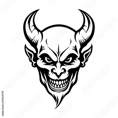 Silhouette demon face icon. Vector illustration design. tattoo and t-shirt design black and white hand drawn horned devil head face Demon head, Devil horn mask Scary mask isolated on white background
