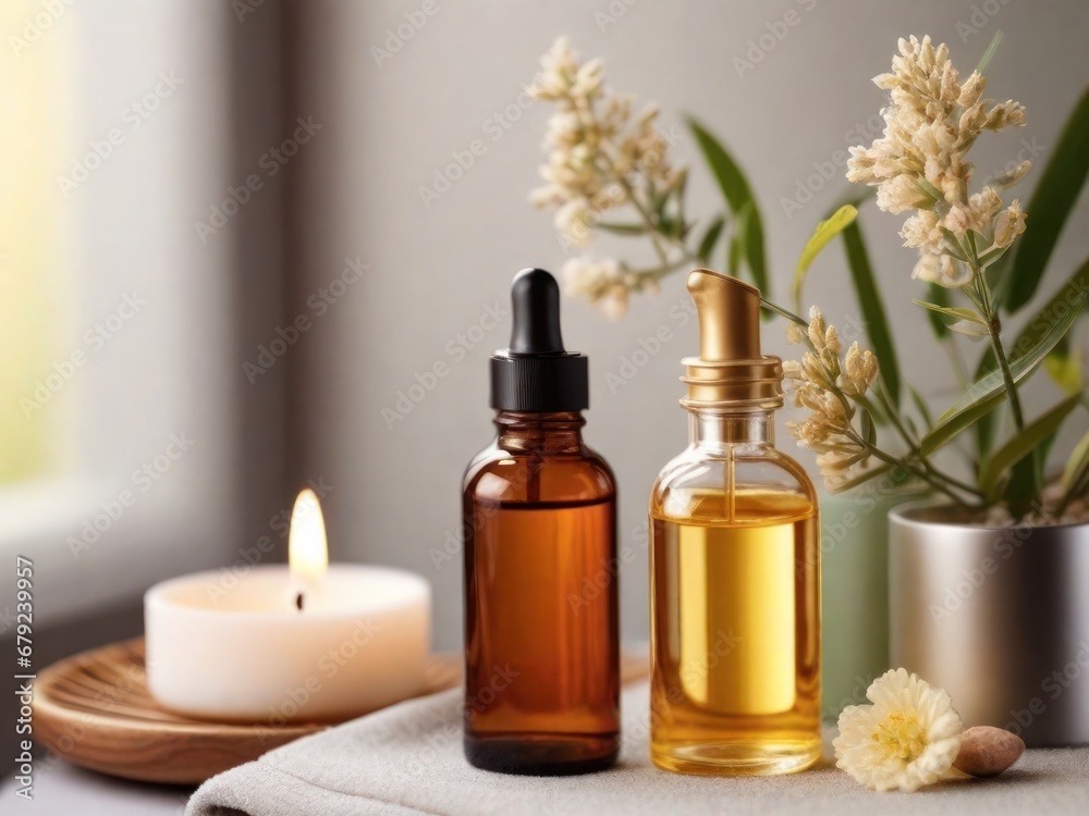 Aromatherapy essential oil in glass bottles on table in bathroom