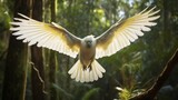 A sulphur-crested cockatoo in mid-flight, its wings outstretched as it navigates the dense canopy of a rainforest.