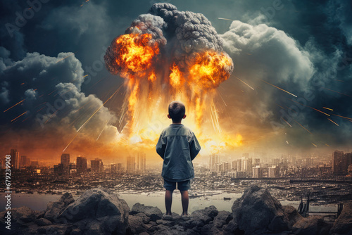 Violent explosion against the backdrop of the house. A child watches the explosion and fire. Sunset. Apocalypse. War. Nuclear threat. Third World War. Attack on a peaceful city.