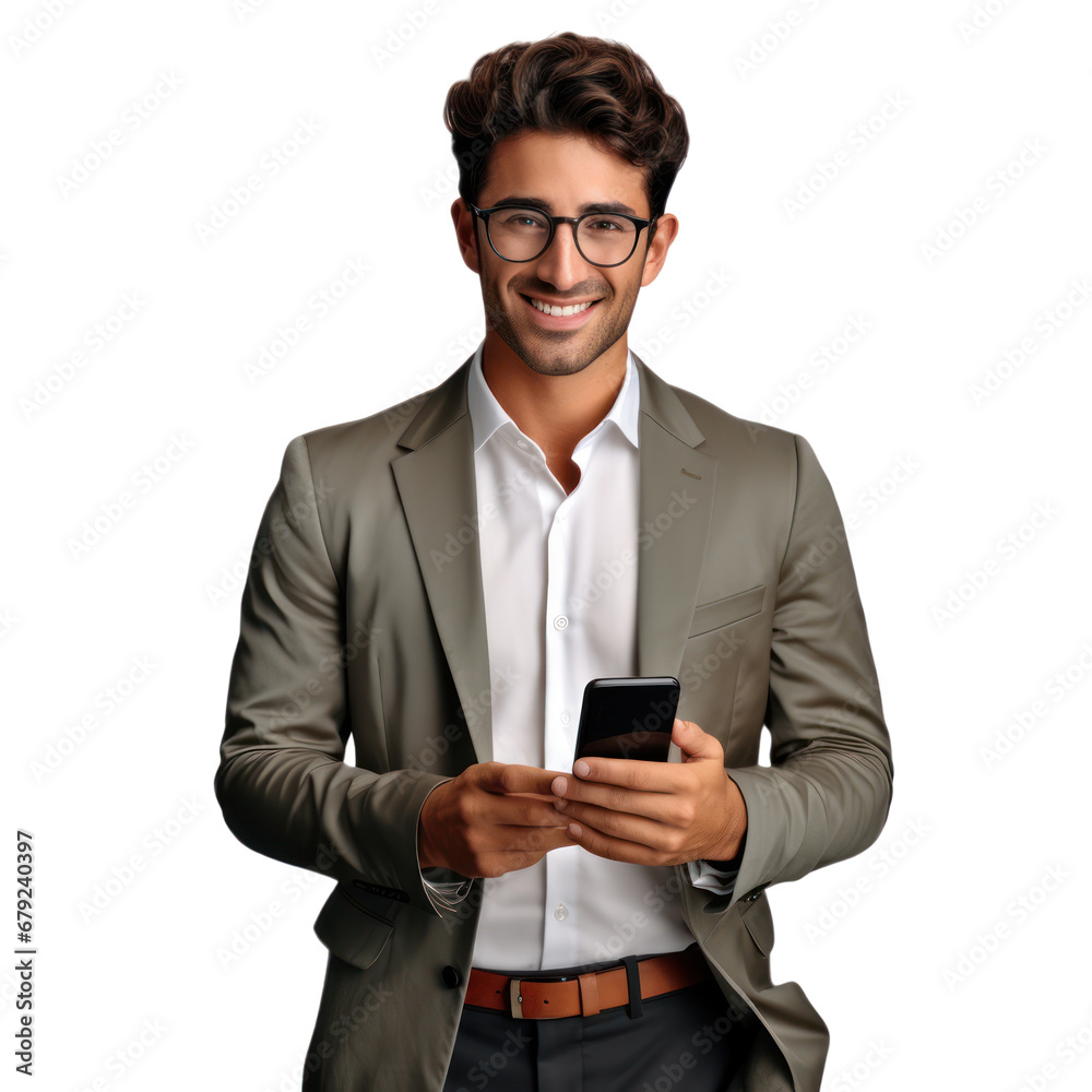 Businessman using mobile phone isolated on white transparent, Smiling Latin American businessman in suit, PNG