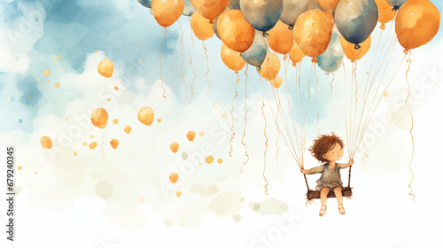 たくさんの青とオレンジ色の風船で浮かぶブランコで空を飛ぶ男の子の水彩イラスト