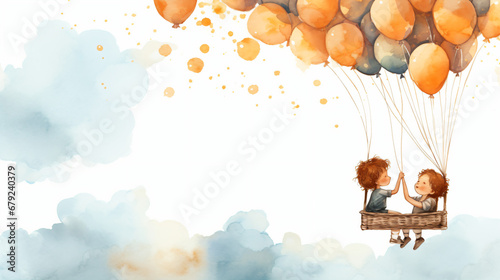 たくさんのオレンジと青色の風船で浮かぶブランコで空を飛ぶ男の子の水彩イラスト photo