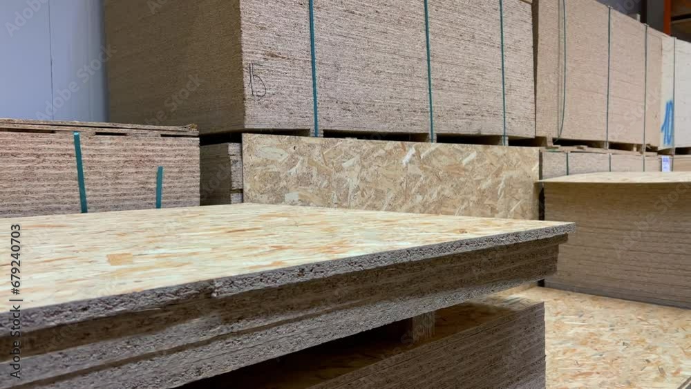 Sheets chipboards stacked in the warehouse of a woodworking factory Sheets chipboards stacked in the warehouse of a woodworking factory