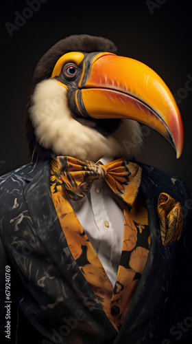 Toucan dressed in an elegant suit with a nice bow tie, confident and classy. Fashion portrait of an anthropomorphic animal, bird, posing with a charismatic human attitude