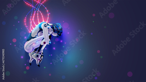 Robot woman curl up, sleeping in cyberspace. Cyborg connection cables with data signals. Sci fi illustration of humanoid anthropomorphic female robot. AI concept illustration. Artificial Intelligence.