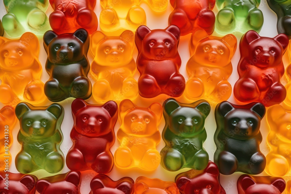 Top view of jelly gummy bears candies of different colors, sweets background.