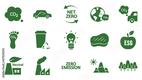 Icon collection with zero emissions esg symbol concept. greenhouse gas carbon credit design set. protect ecological green vector glyph. carbon net zero neutral natural. carbon footprint art pictogram