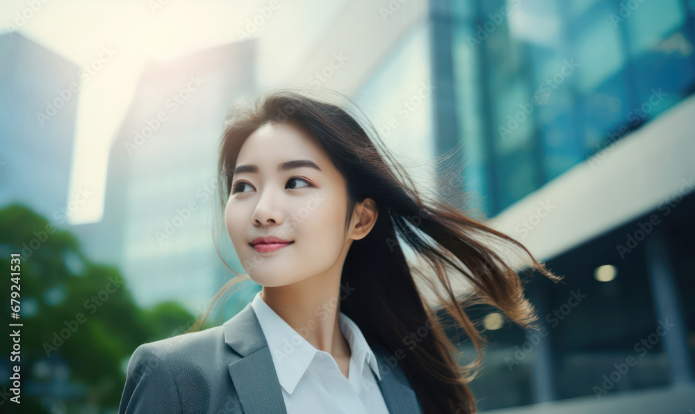 Urban Elegance, Confident Business Woman Strides Amidst Towering Office Skyscrapers Urban Elegance, Confident Business Woman Strides Amidst Towering Office Skyscrapers