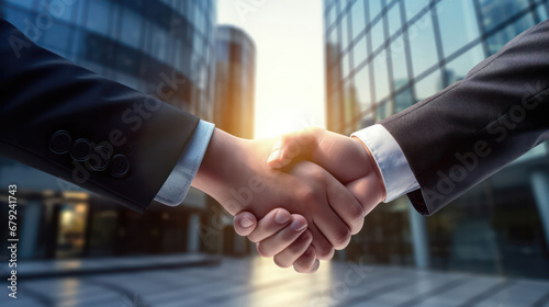 Handshake Success, Business Professionals Seal the Deal with Building Backdrop