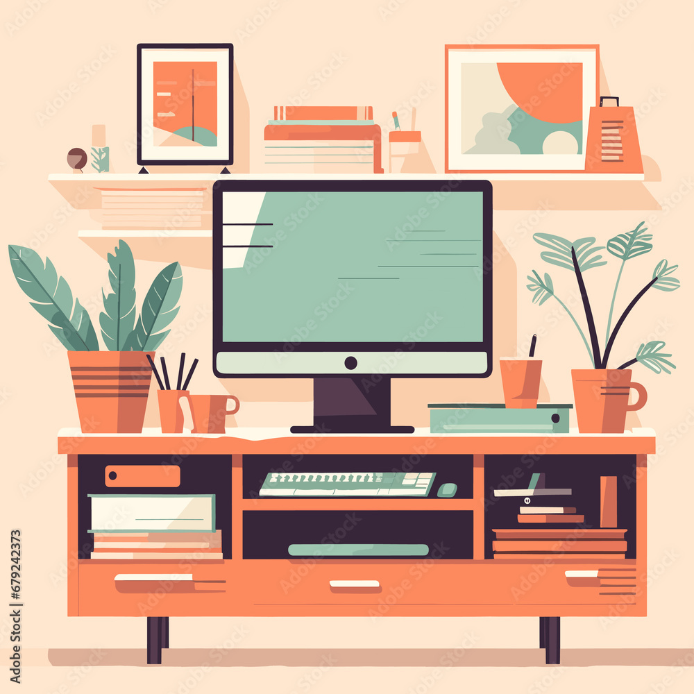 tv and computer sitting on a desk surrounded by plants