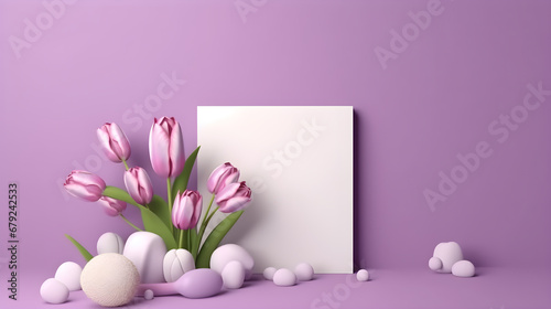 Mockup floral en tonos lilas y rosas para el dia de la mujer 8 de marzo, tulipanes y espacio para escribir