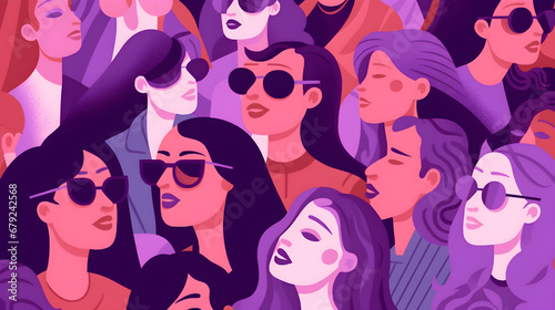 ilustracion representacion de lucha de las mujeres por el dia internacional de la mujer 8 de marzo, mujeres en colores morado con puños y pose de lucha