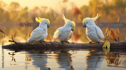 A family of sulphur-crested cockatoos gathered around a waterhole, their reflections mirrored in the still waters. photo