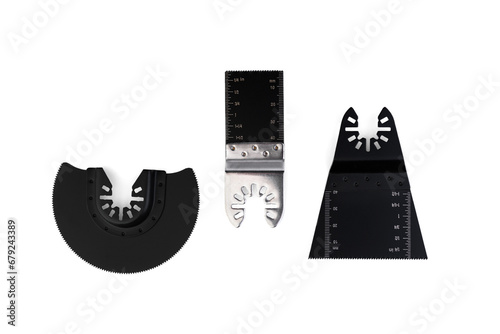 Obraz na plátně Set of saw nozzles for construction electric multifunction tool on white background