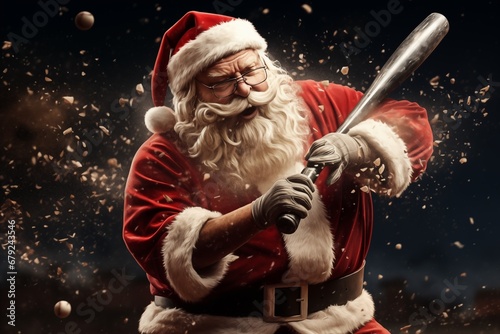 Santa Claus as baseball player striking the ball, Christmas illustration photo