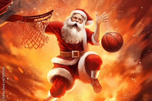 Santa Claus as basketball player slam dunking the ball in basket in festive explosion Christmas illustration