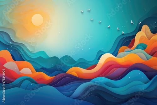 Paper art landscape with sea  sky and sunset. Abstract background for Make Your Dream Come True Day.