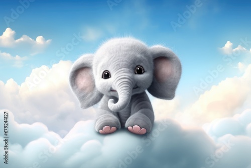 cute baby elephant sit on fluffy cloud illustration