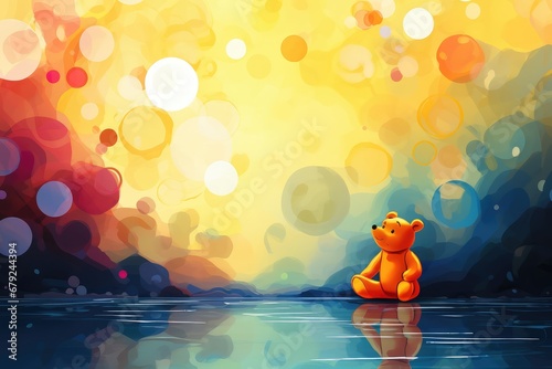 illustration of a little bear in the water with bokeh background. Abstract background with honey bear or stuffed animal photo