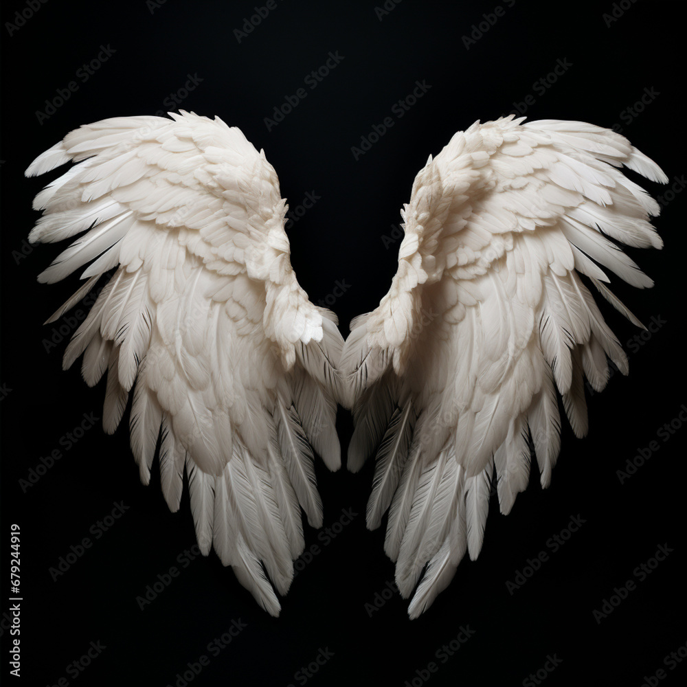 Fotografia con detalle y textura de alas de angel con  plumas de color blanco, sobre fondo de color negro - obrazy, fototapety, plakaty 