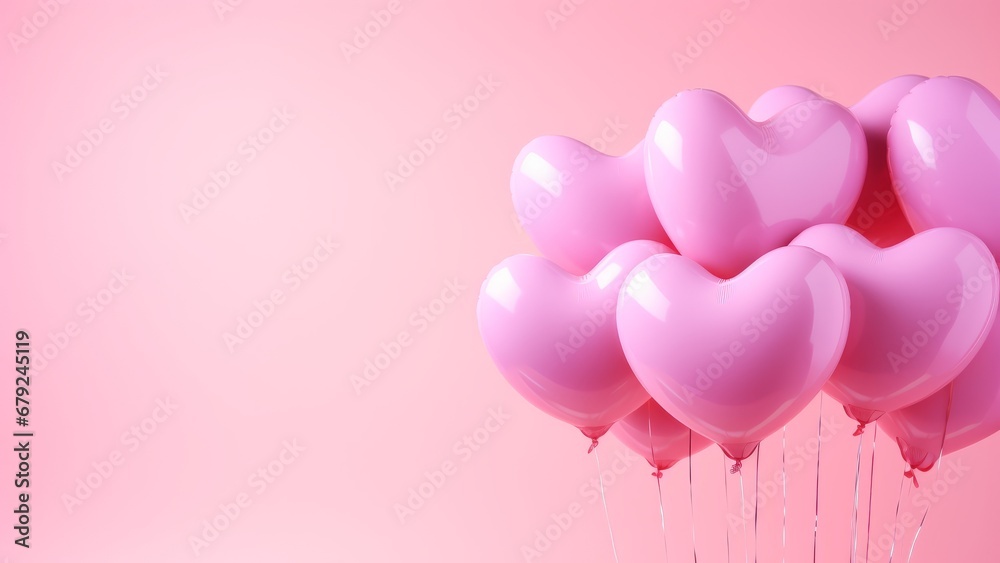 Pink heart shaped helium balloons on a pink background with a place for text. AI generative