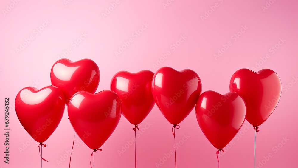 Red heart shaped helium balloons on a pink background. AI generative