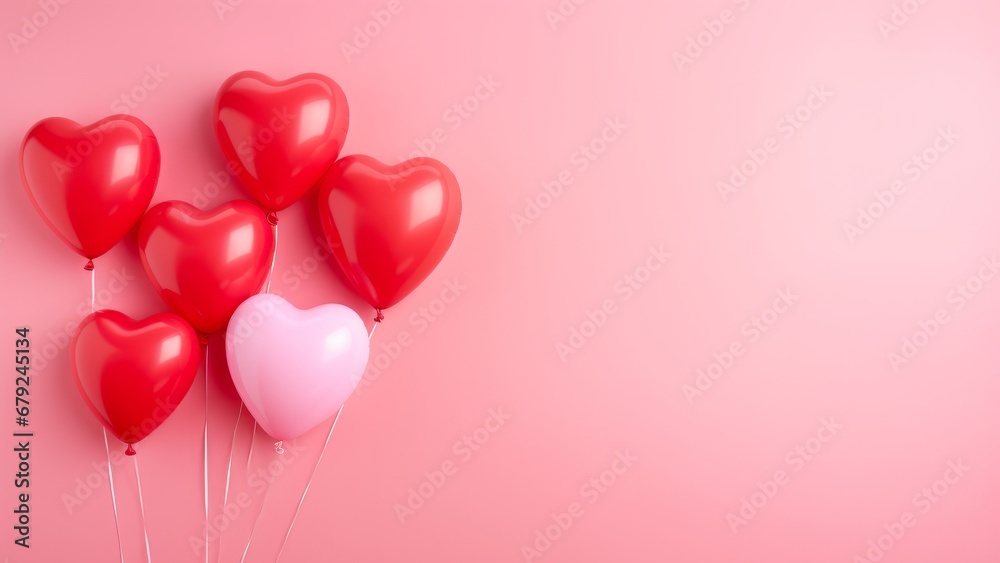 Red heart shaped helium balloons on a pink background with a place for text. AI generative
