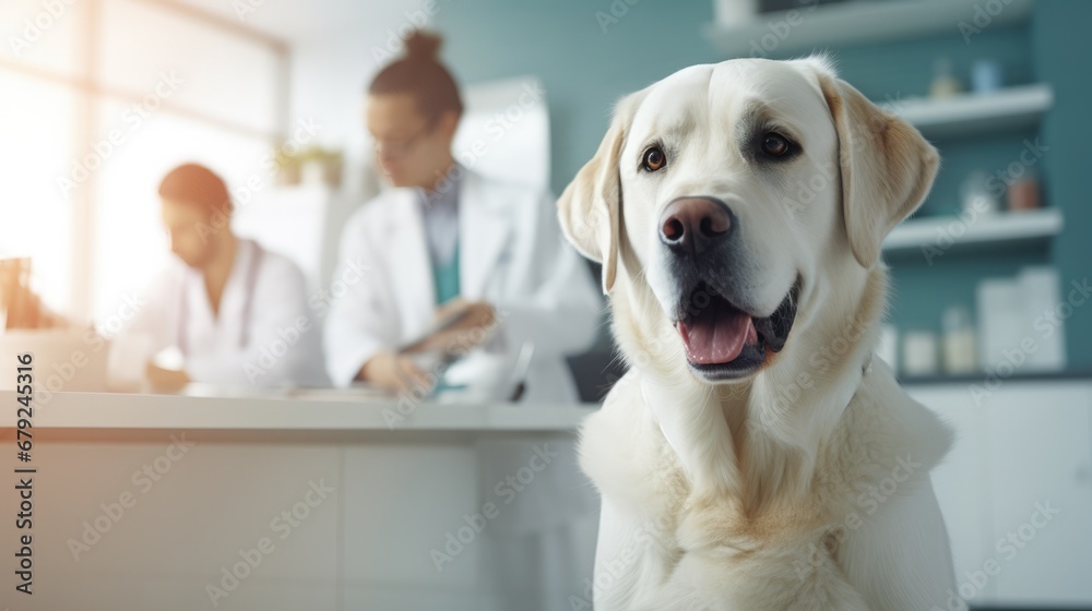 Labrador dog at vet clinic with male veterinarian examining on a background.