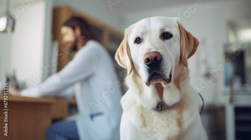 Labrador dog at vet clinic with male veterinarian examining on a background.