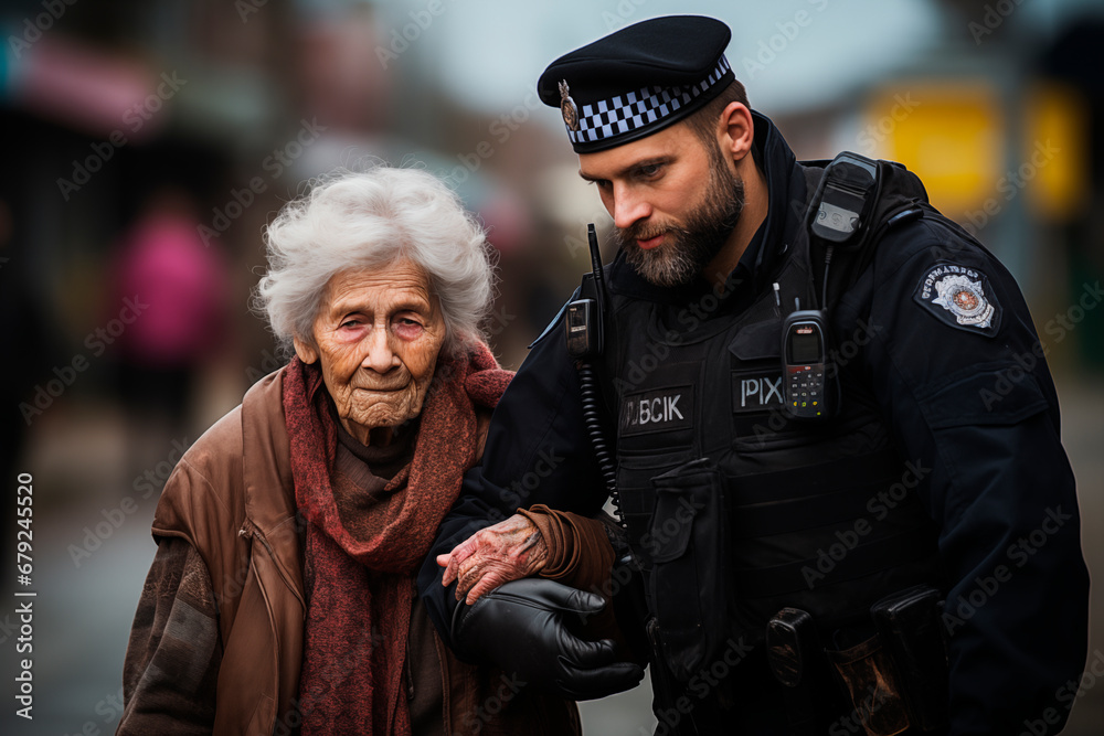 Fototapeta premium A policeman helping an elderly woman to cross the road