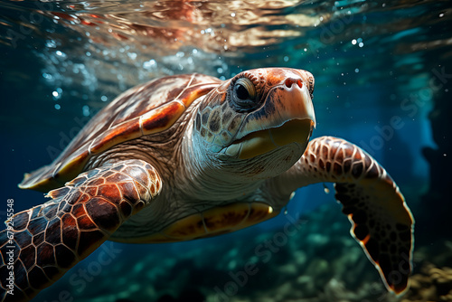 A beautiful turtle swimming in a sea of clean, unpolluted water © Kepa