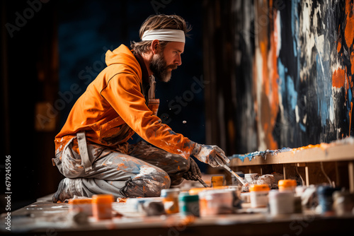 Artist on his knees painting a large mural surrounded by paint pots.