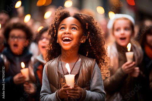 Choir of boys and girls holding candles in their hands while singing