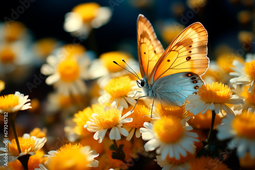 Close-up of an orange butterfly and planca perched on a field of orange flowers with white petals