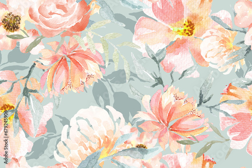 Seamless pattern of blooming flowers painted in watercolor on abstract background.For fabric luxurious and wallpaper, vintage style.Hand drawn botanical floral colorful pattern.