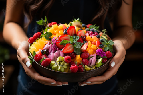 Healthy fruit and vegetable bowl with blueberries, strawberries and other healthy cooking delights