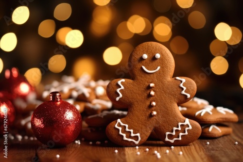 Cookies in the form of gingerbread men on the background of Christmas lights bokeh