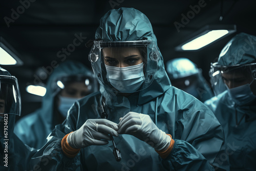 Nurse with personal protective equipment preparing surgical supplies