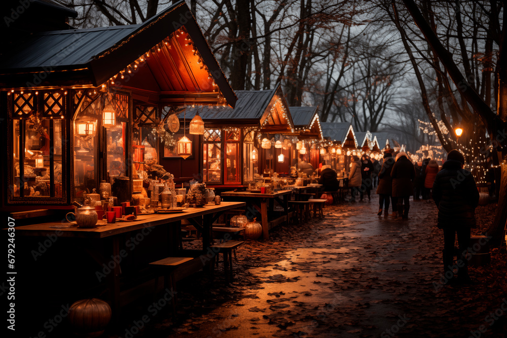Typical Christmas market with ornament stalls in the street