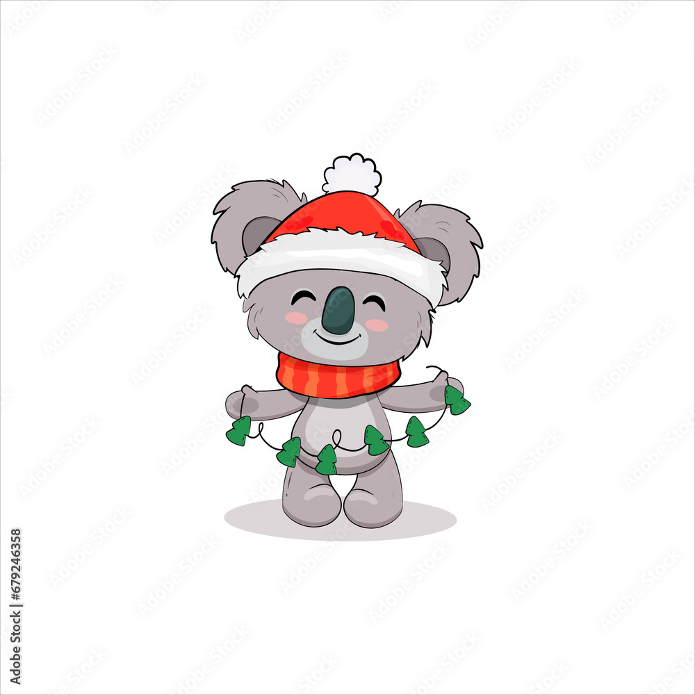 Fototapeta premium Cute cartoon koala cub isolated on white background. Christmas card with koala bear.