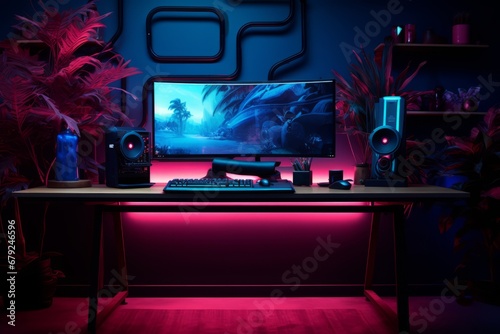 Interior of a live streaming gamer room with cyberpunk pink and blue neon light in the dark night LED background.