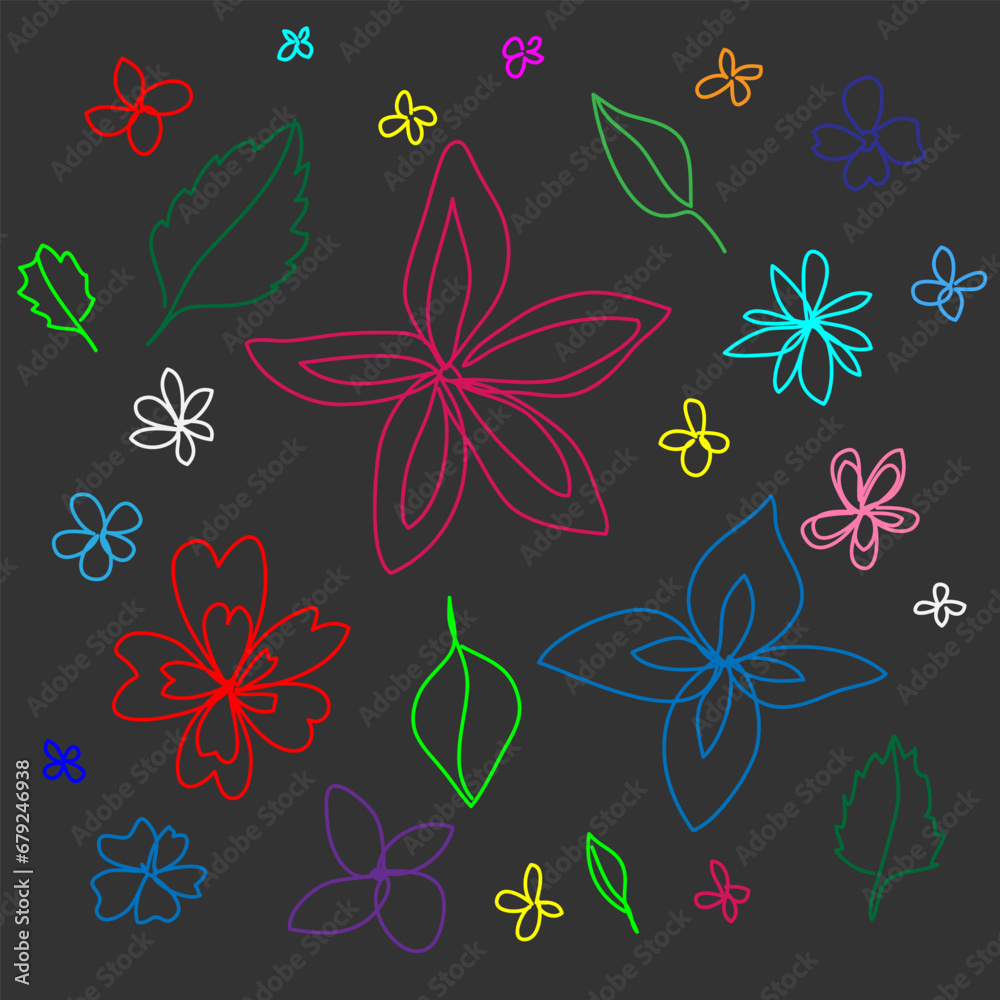 Fototapeta premium Vector abstract pattern in the form of multi-colored leaves and flowers drawn in doodle style on a black background