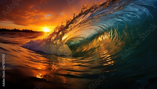 Beautiful wave at sunset with the golden light of the sun shining through the water. Ideal for use in travel, outdoors or ocean-related designs.