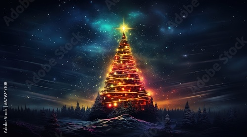 Magical Christmas Tree with Colorful Nebula Background