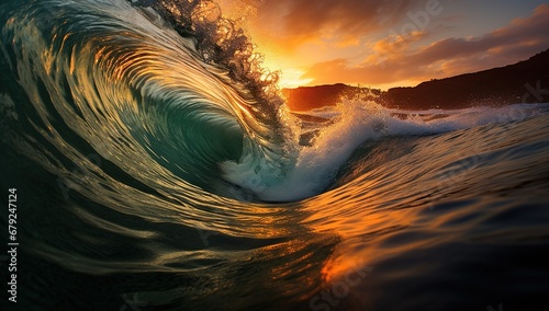 Beautiful wave at sunset with the golden light of the sun shining through the water. Ideal for use in travel, outdoors or ocean-related designs.