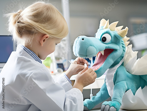 Child in doctor's coat treats soft toy