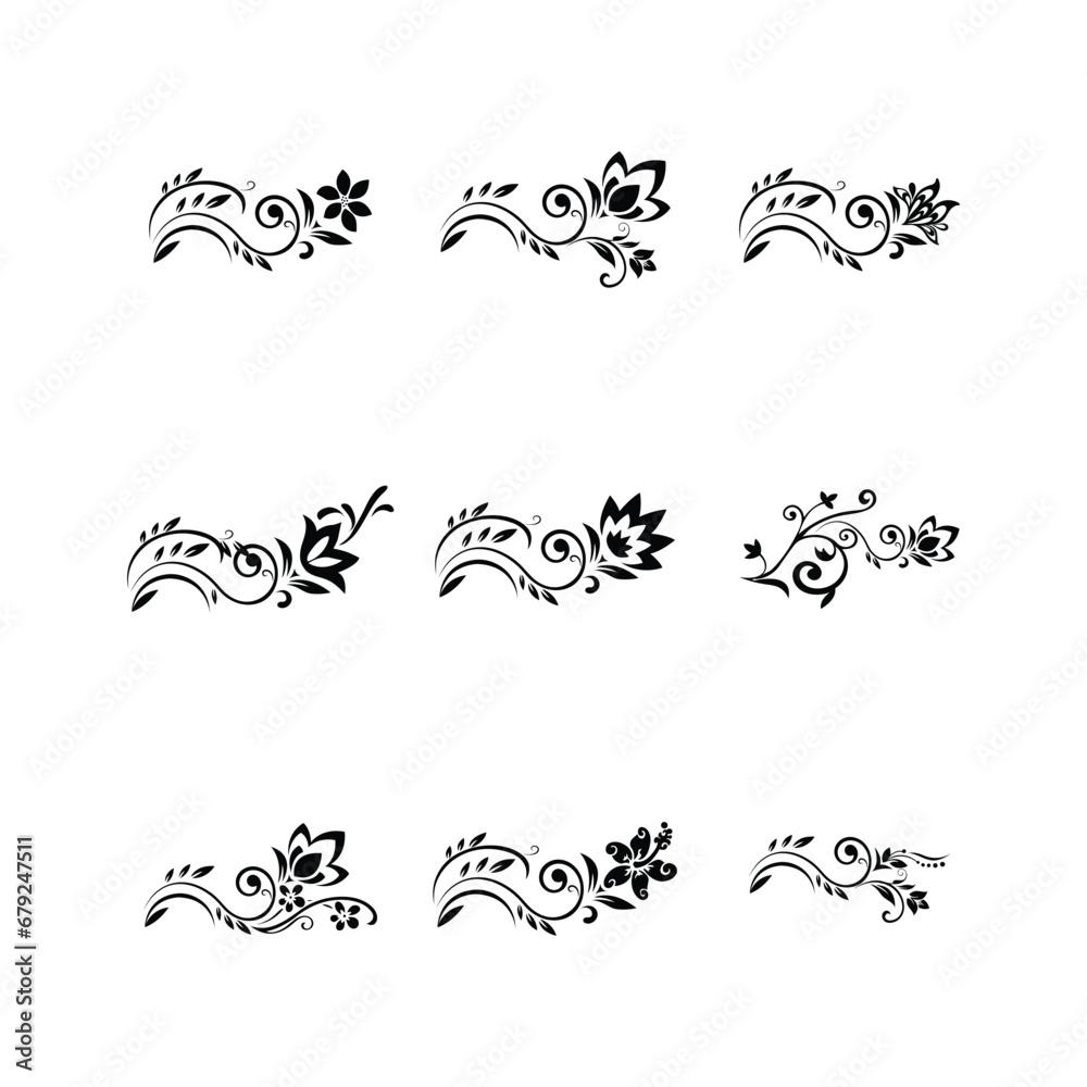 Set of differents flower linen on white background,Cute doodle floral wreath frame set,emblem or icon for company branding. Decorative flower silhouette. Tattoo art style. Set of differents flower linen on white background,Cute doodle floral wreath frame set,emblem or icon for company branding. Decorative flower silhouette. Tattoo art style.